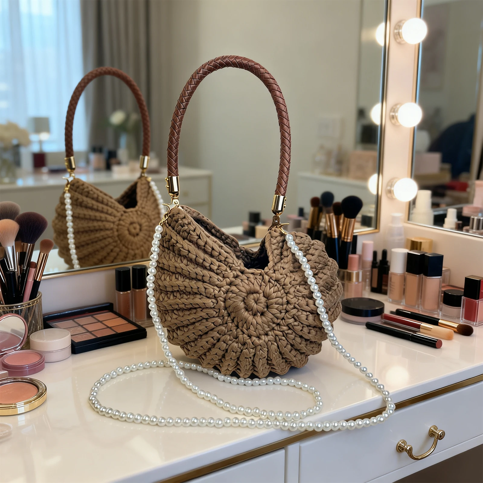 Women PU Bohemia Crochet Seashell Sling Bag with Pearl Chain Summer Beach Crossbody Bag Large Capacity Boho Evening Clutch view 5