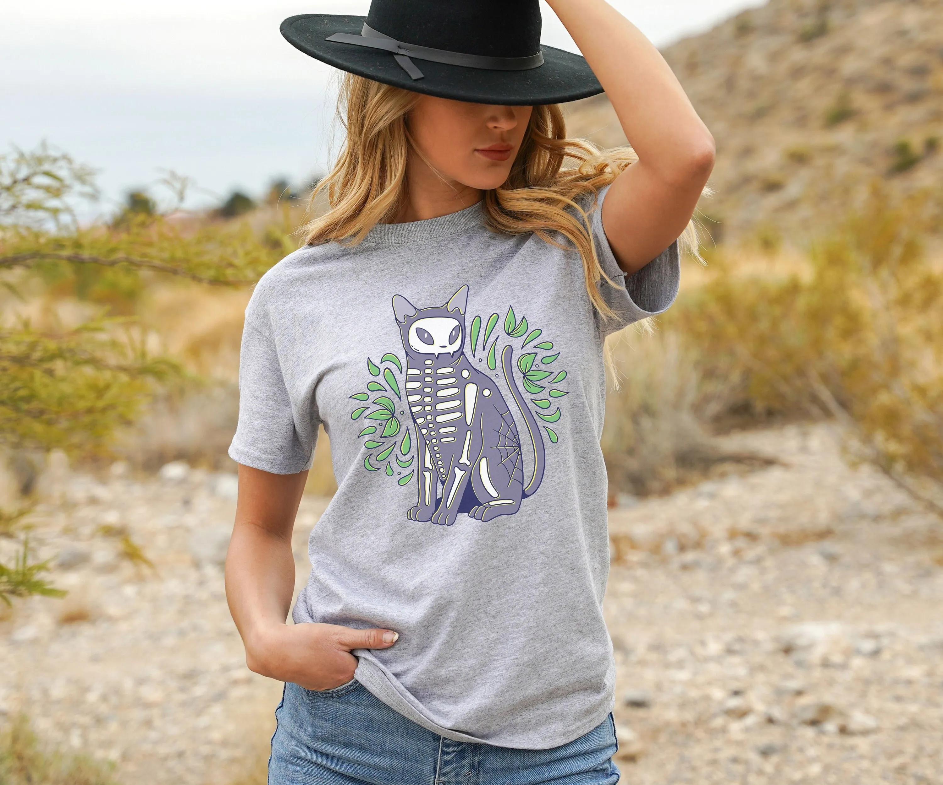 

Halloween Cat Skeleton T Shirt Ghost Witch Fall Funny Lover Comfy
