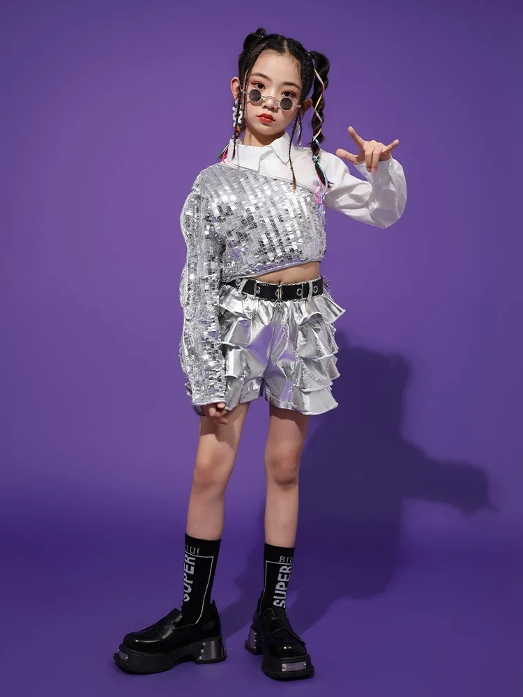 Mädchen Hip Hop Crop Top Pailletten Silber Shorts Kleidung Sets Kinder Jazz Ärmeln Outfits Kind Streetwear Street Dance Bühne Kostüm