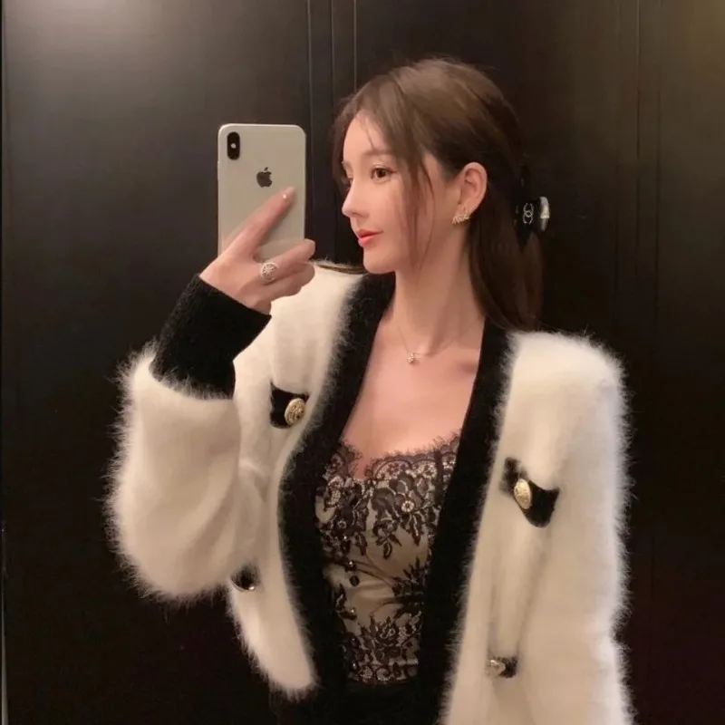 V-neck Knitting Cardigan Coat Women Autumn Winter Fashion Office Lady Solid Color Sweater Elegant Temperament Knitwear Tops