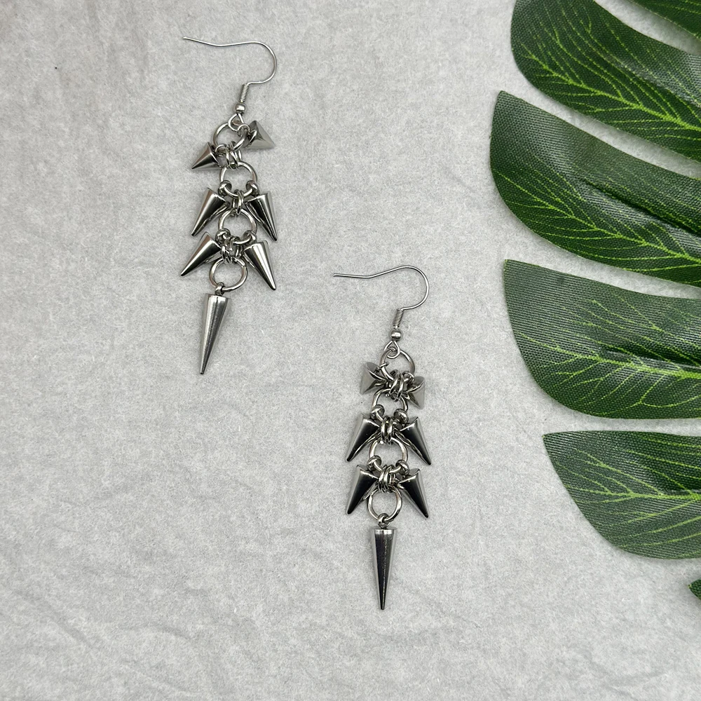 Gothic Punk Stainless Steel Spike Rivet Dangle Earrings Handmade Grunge Aesthetic Hip Hop Earrings for Women Men Unisex Jewelry