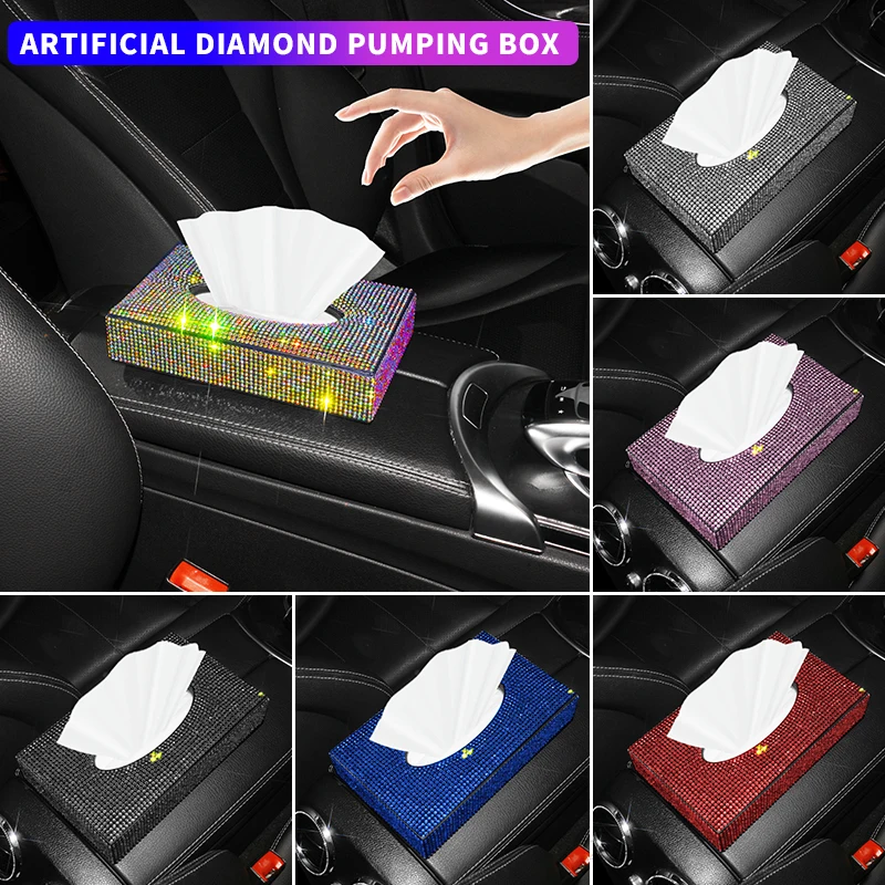 Bling Crystal Car Tissue Box Luxury Leather Auto Armrest Type Paper Box Holder Cover Case Tray Car Accessories for Home Office