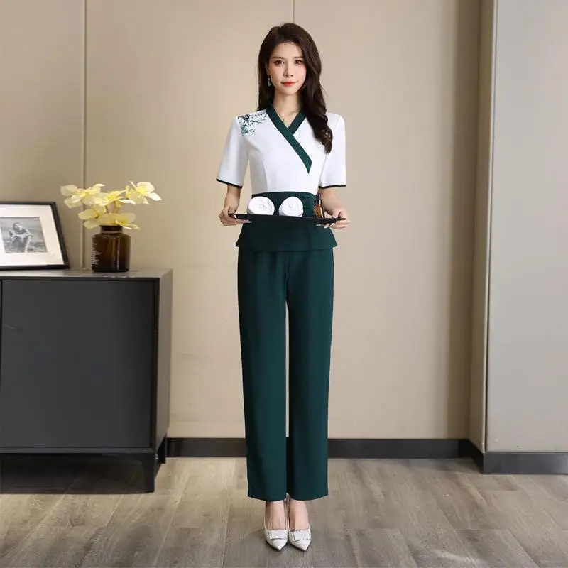 New Spa Foot Therapy Technician Uniform Female Beauty Hairdressing Massage Dress Hotel Waiter Work Dress Set Printed LOGO