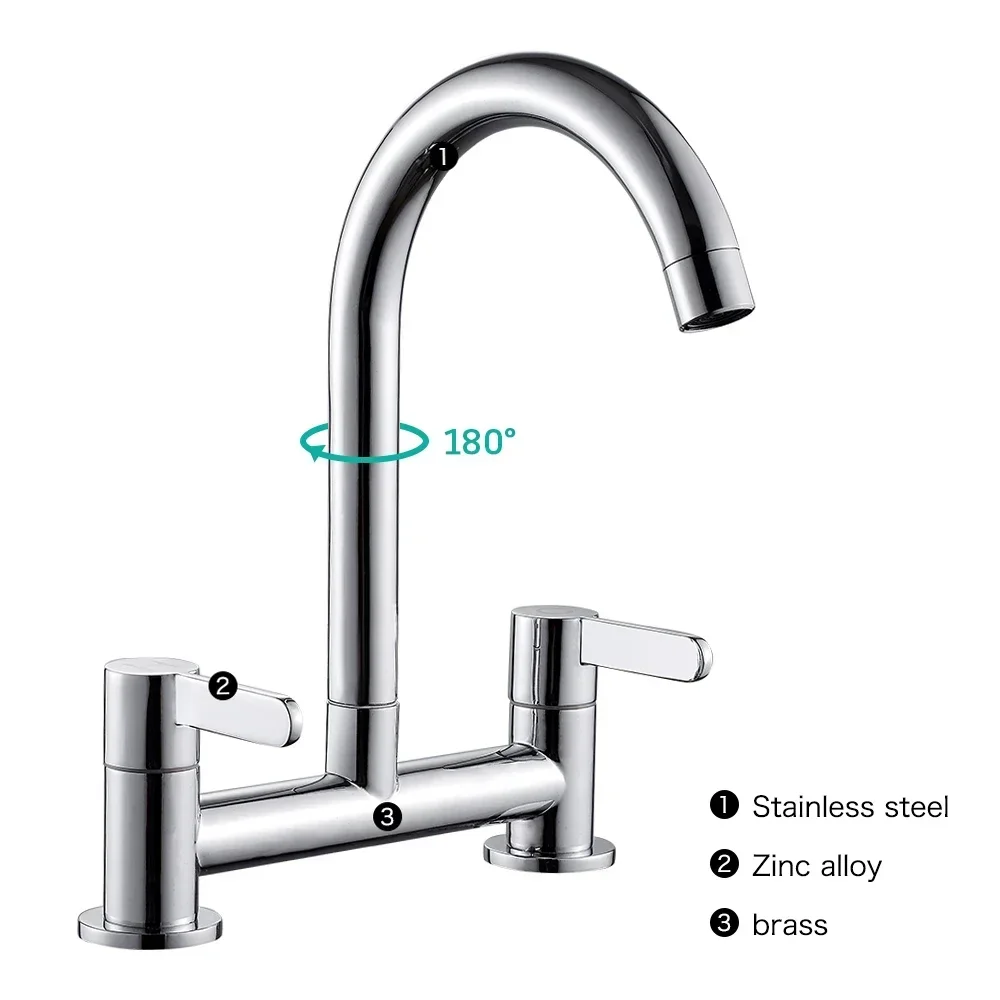 Kitchen Sink Mixer Taps, 2 Hole Kitchen Faucet, 360° Swivel Spout Dual Lever Sink Mixer Tap, Cold and Hot Mixer Tap