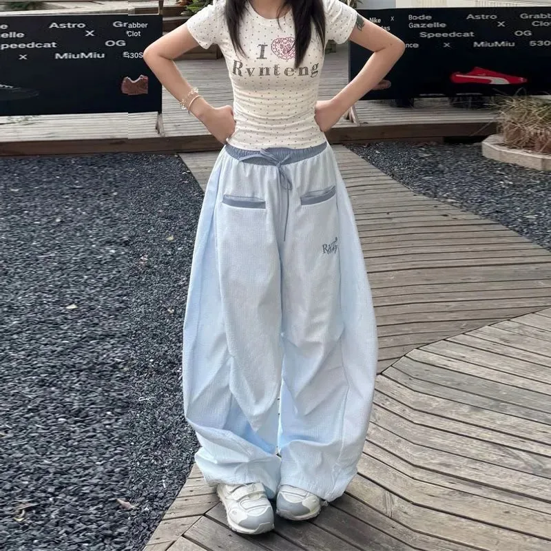 Summer Y2K New Women's Two Piece Set Contrast Stripe Sleeve Cropped T-Shirt Pink Oversized Drawstring Wide Leg Daily Pants