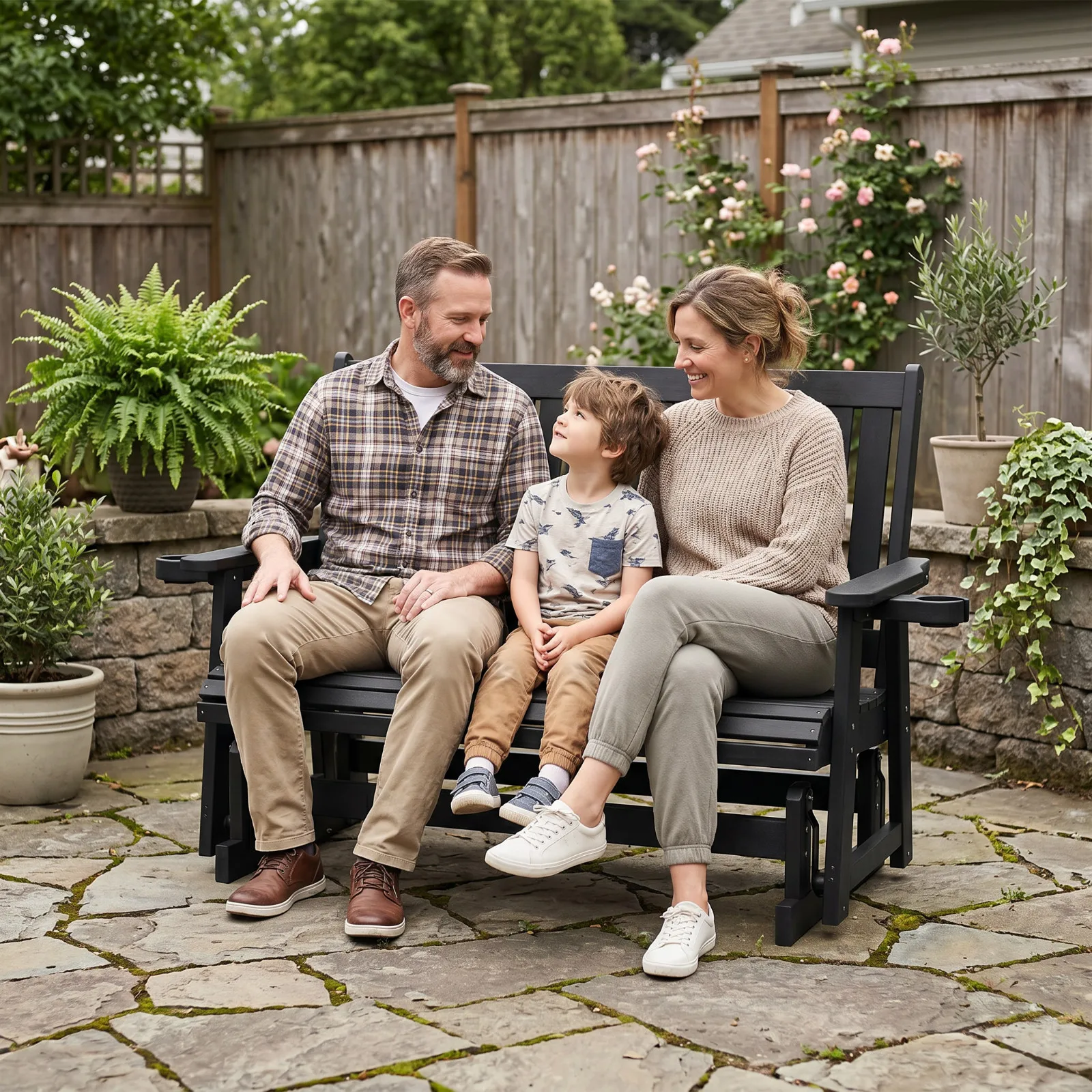 Outdoor Patio Glider w/Cup Holders, 3-Seat, 900 LBS Capacity, Black