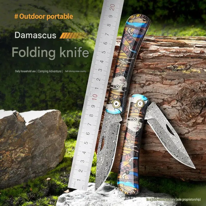 

Premium Damascus steel folding knife, custom black handle, ideal for outdoor camping and hunting, a collectible gift.