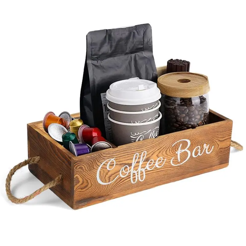 Coffee Bar Organizer Wood Coffee Station With 3 Removable Dividers Storage Box For Coffee Pods Paper Cup Straws Coffee Bar Decor