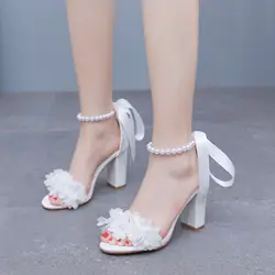 Crystal Queen Women White Flower Beaded Diamond High Heels Summer Shoes Peep Toe Buckle Strap Square Sandals