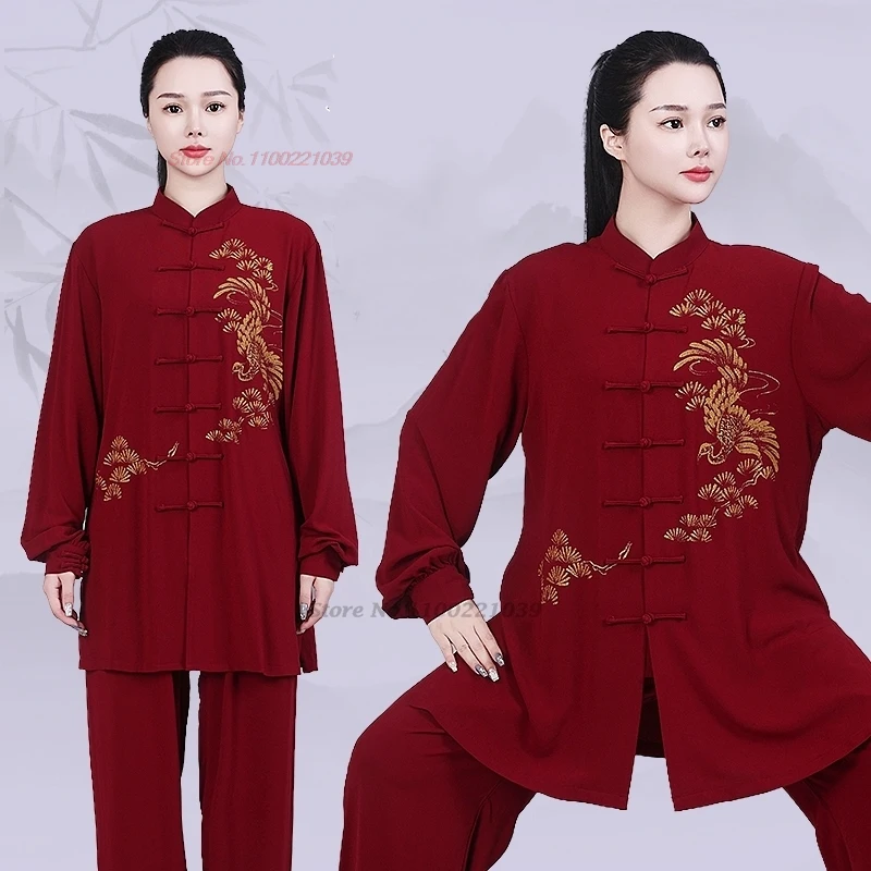 2026 chinese kung fu tai chi martial arts wushu uniform phoenix print tops+pants set wing chun training exercise performance