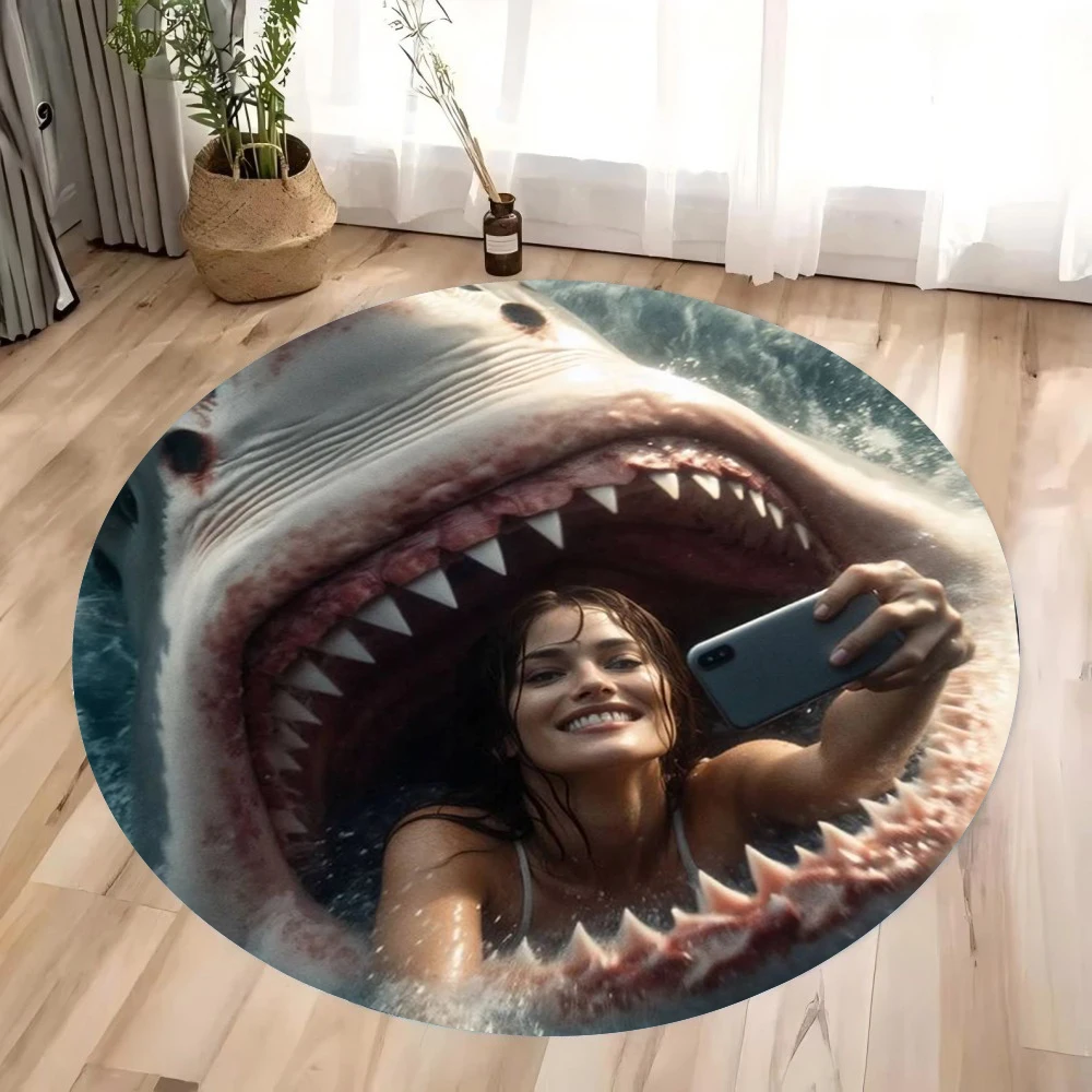 

Fierce Shark and Woman Taking Photos in Shark Mouth Circular Carpet Anti Slip Soundproof Floor Mat Home Decoration Gift