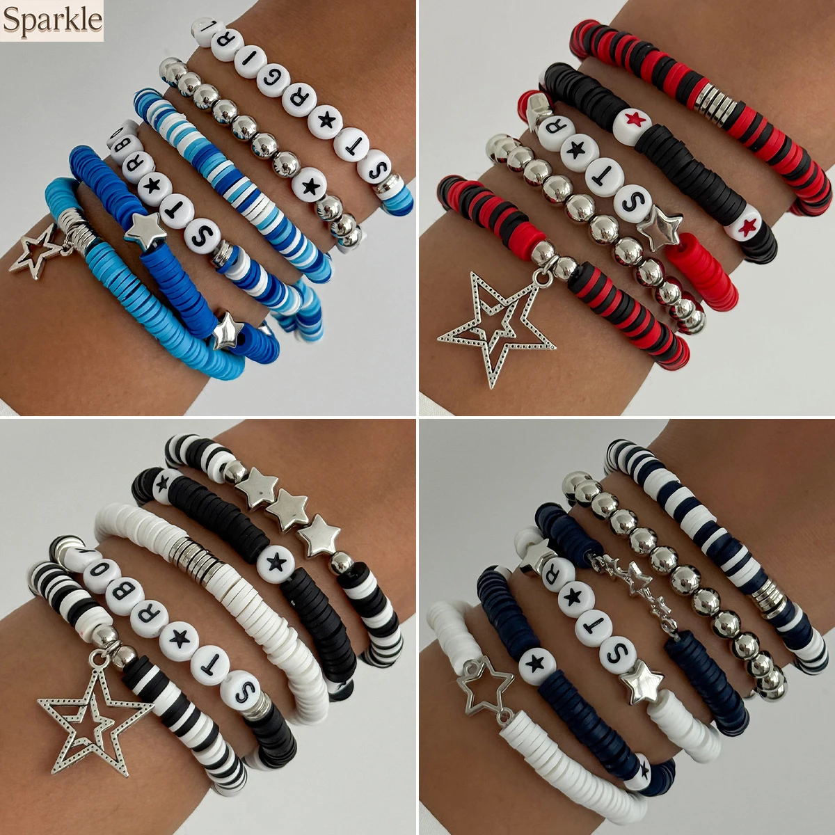 

6PCS/Set CCB Letter Clay Beaded Elastic Bracelet Set Star-shaped Pendant Stackable Bracelet Multi-color Trendy Beaded Wristband