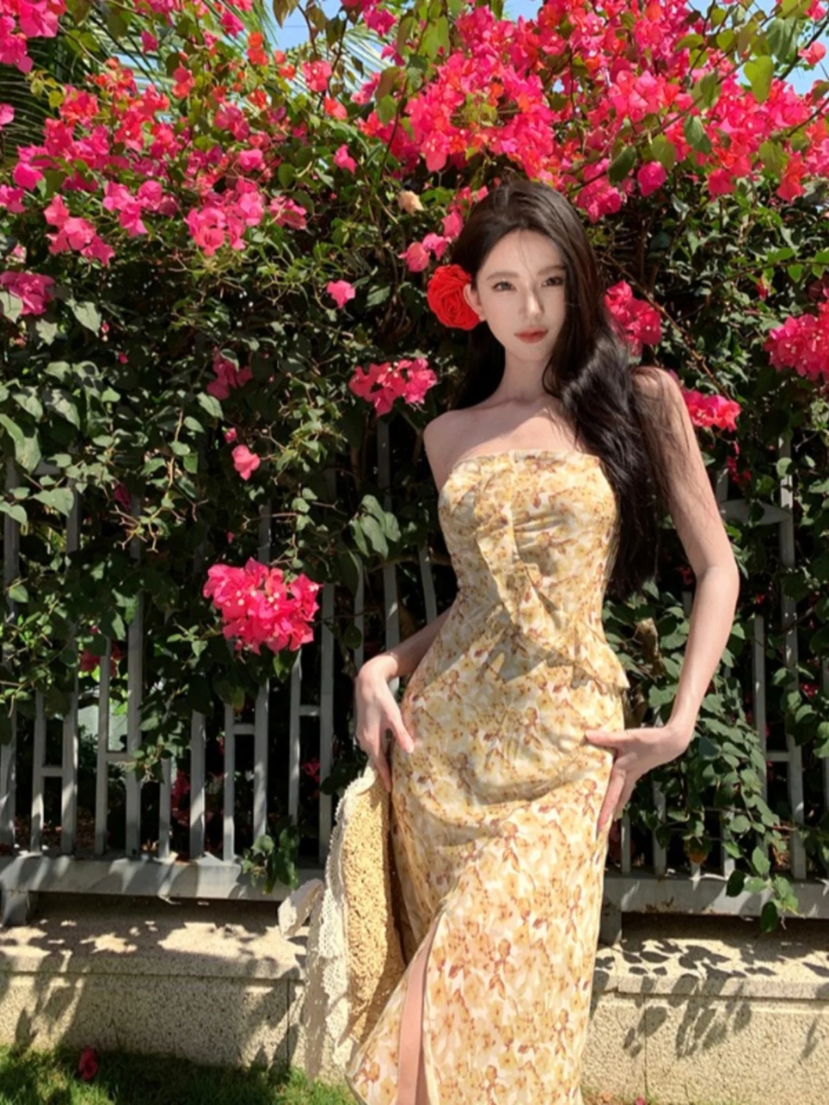 노란색 플로럴 프린트 롱 스커트 맥시 드레스 비치 바캉스 비치웨어 랩 체스트 디자인 원숄더 슬림 가운