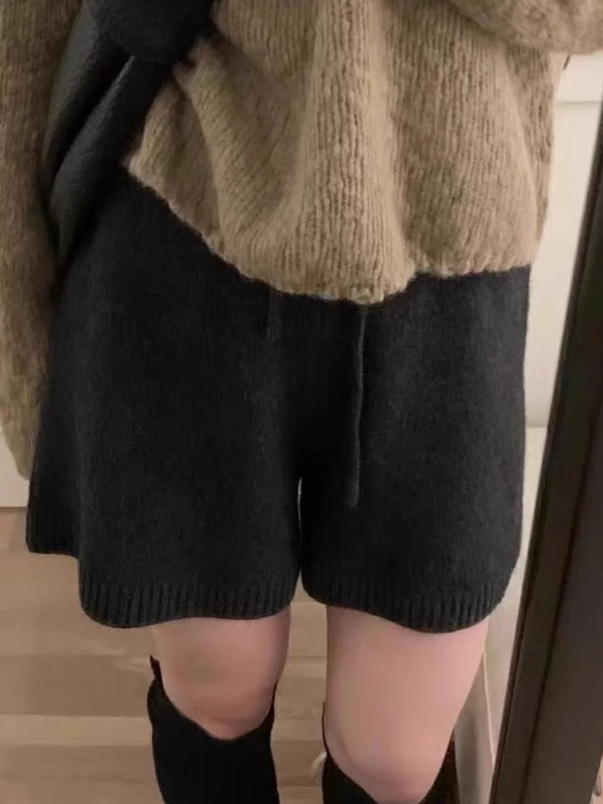 بنطلون نسائي واسع الساق من الصوف المحبوك، بخصر مرتفع ورباط، تصميم A-line، مناسب للخريف والشتاء، بنطلون قصير بخصر مطاطي