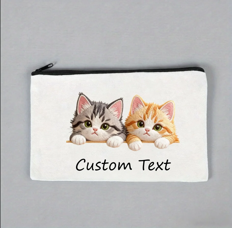 1PCersonalized Two Cute Kittens Canvas Cosmetic Pouch Custom Text Zipper Bag Portable Travel Makeup Stationery Storage Organizer