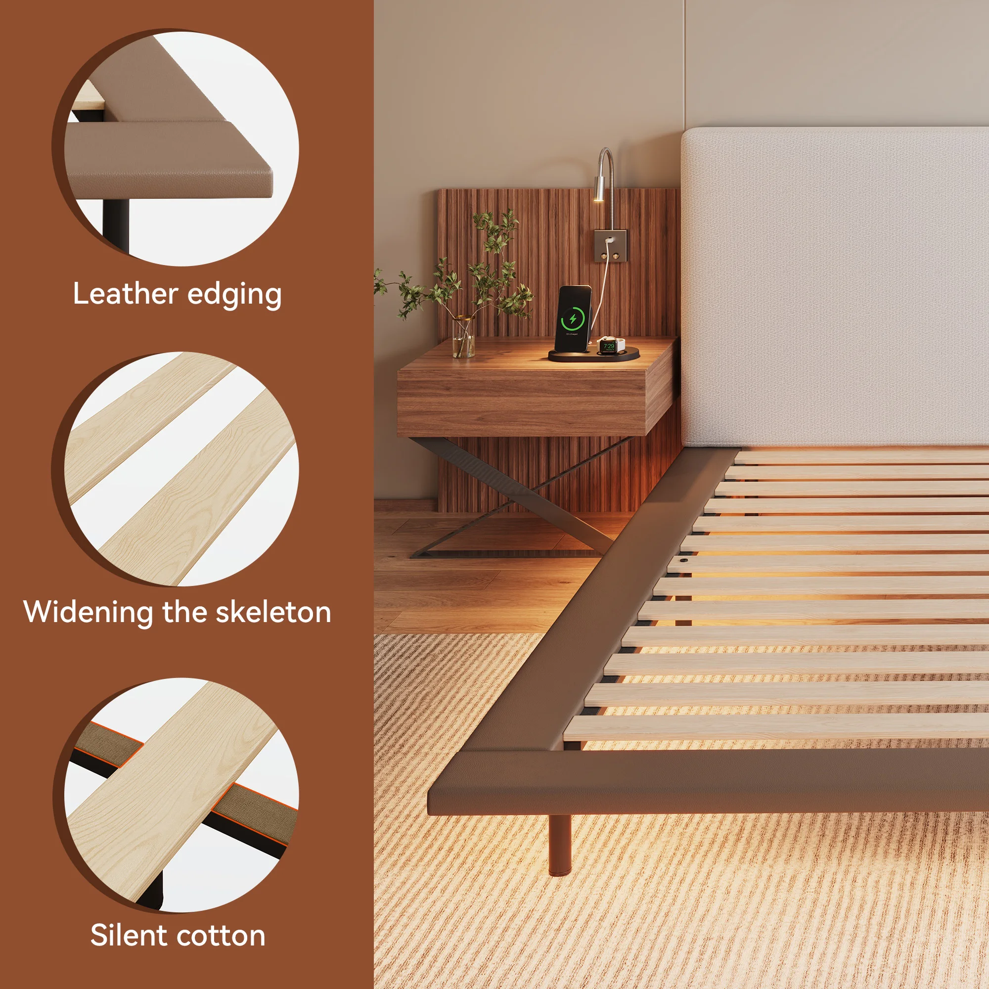 King Size Bed with Integrated Nightstands & Reading Lamps, Wide Headboard with LED Strip Lights, Multifunctional Bedroom Furniture Combination - view 6