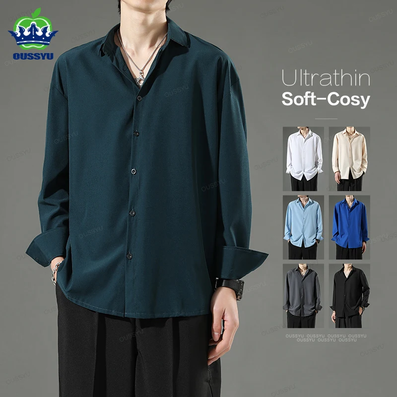 Spring Summer Business Non Ironing Black Long Sleeves Shirt for Men Ice Silk Korean Style Casual White Shirts Male Plus Size 4XL