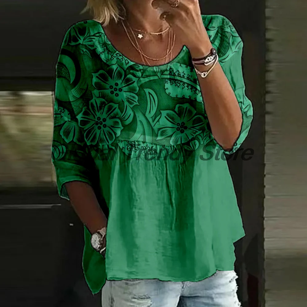 

Women's 3D Embossed Floral 3/4 Sleeve Blouse Loose Fit Crew Neck Tunic Tops Lady's Casual Polyester Top Shirts