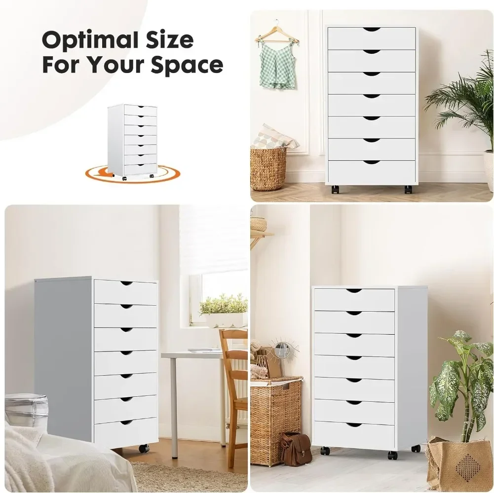 7 Drawer Chest - Storage Cabinets Dressers Wood Dresser Cabinet with Wheels Mobile Organizer Drawers for Office, Home, White