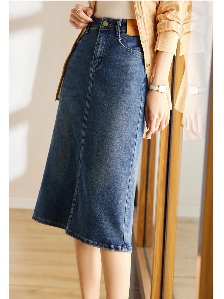 Vimly Korean Style Split Denim Skirts for Women Office Lady 2023 Spring Summer Vintage Classic Straight Midi Jean Skirts 70707