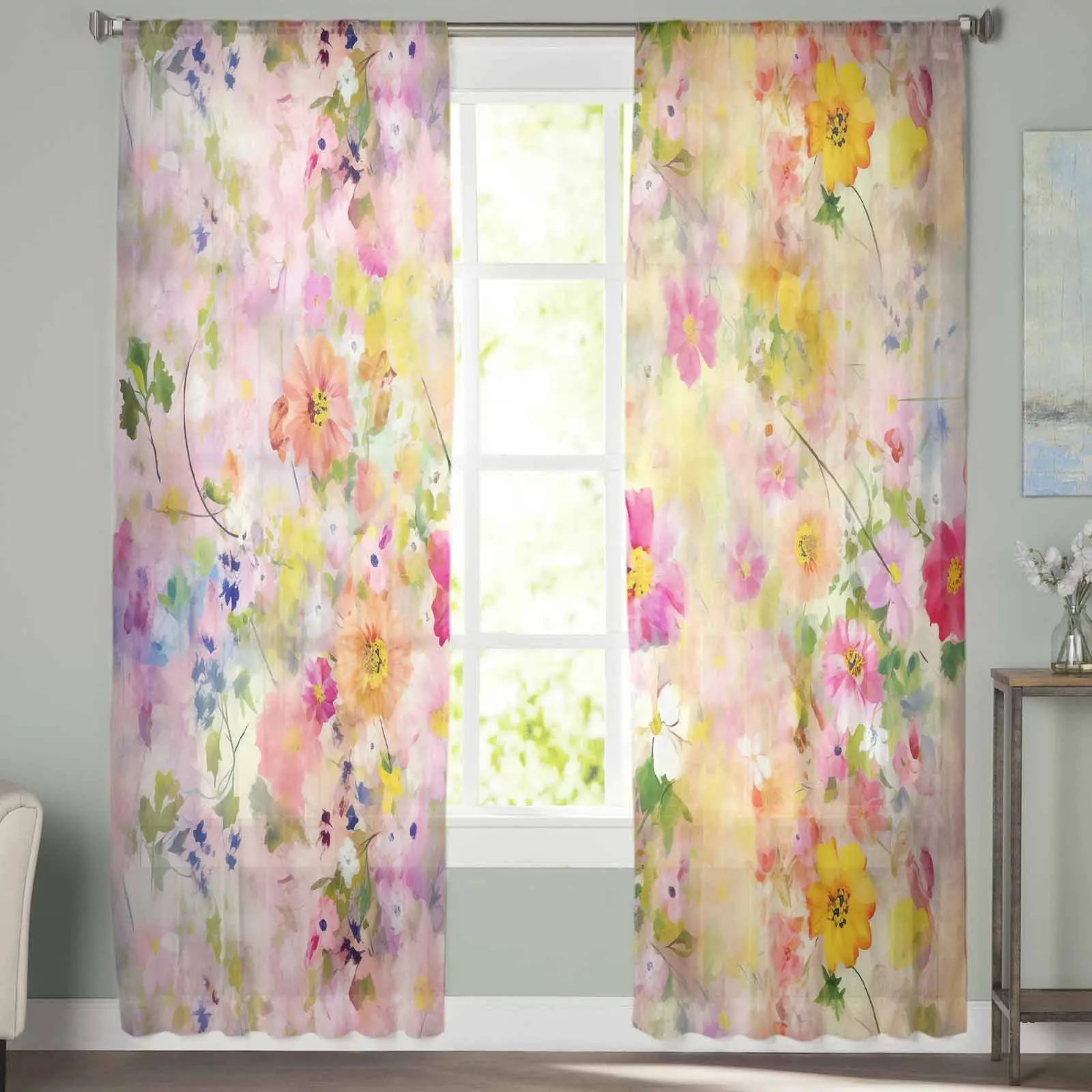 Flower Wallpaper Daisy Curtain For Living Room Bedroom Kitchen Window Tulle Curtains Home Essentials