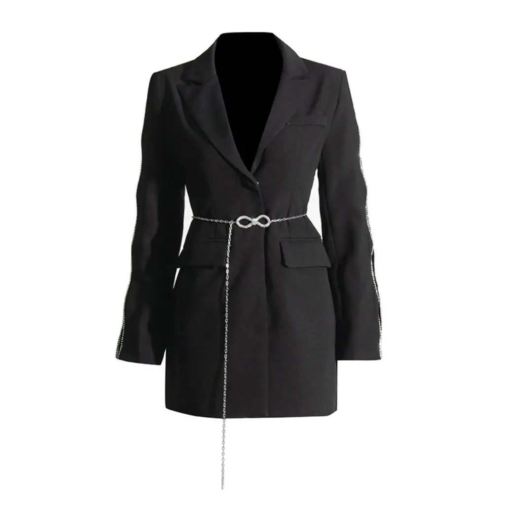 

Celebrity Elegant Casual Style Long-Sleeved Rhinestone Trim Design Suit Collar Jacket Waist Buttoned New Summer
