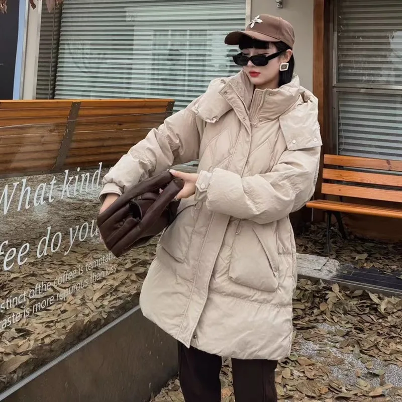 2025 Winter New Korean Style Women Down Jacket Long Thick Warm Waist Hooded Loose Petite Coat