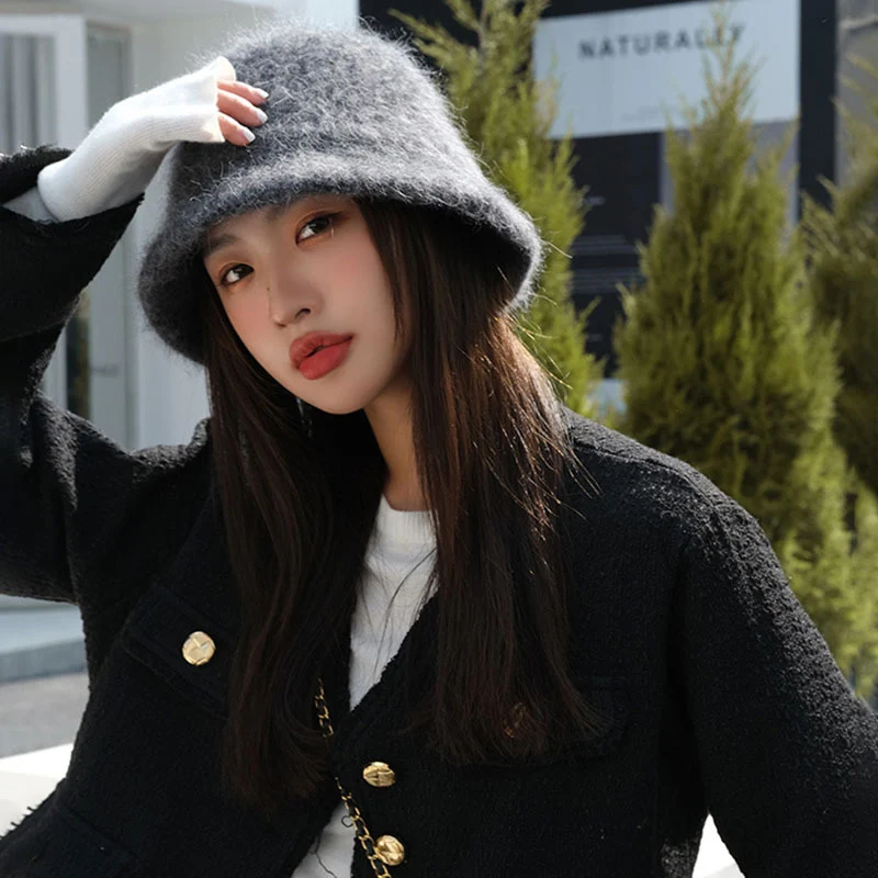 

Women Winter Angora Rabbit Fur Mixed With Wool Bucket Hat Men Warm Soft Earproof Born Beauty Street Fashion Thickness Panama Hat