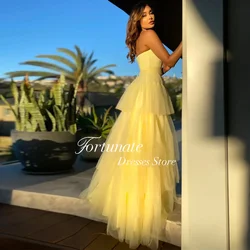 Customized Bright yellow Tulle Tiered Sweetheart Neck Prom Dress Princess A-Line Strapless Floor Length Evening Gowns 2025