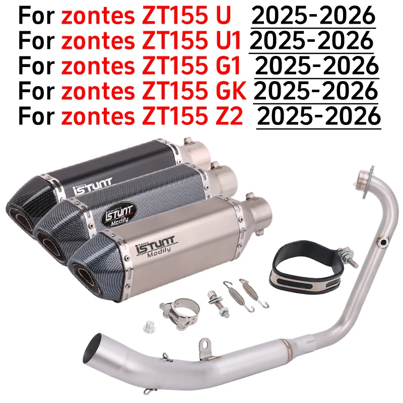 Slip On For ZONTES ZT155 U U1 G1 GK Z2 ZT 155 2025 2026 Motorcycle Exhaust System Front Link Pipe With O2 Sensor 51mm Muffler