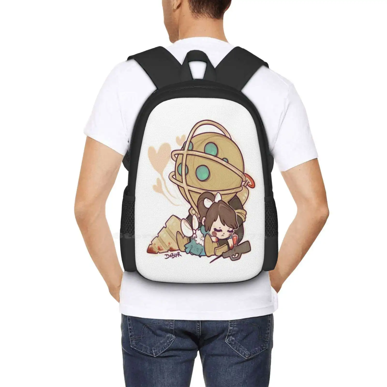 Kleine Schwester Nickerchen Zeit Neuankömmlinge Unisex Taschen Studenten tasche Rucksack Bioshock Big Daddy kleine Schwester süße Umarmungen Videospiele Spaß