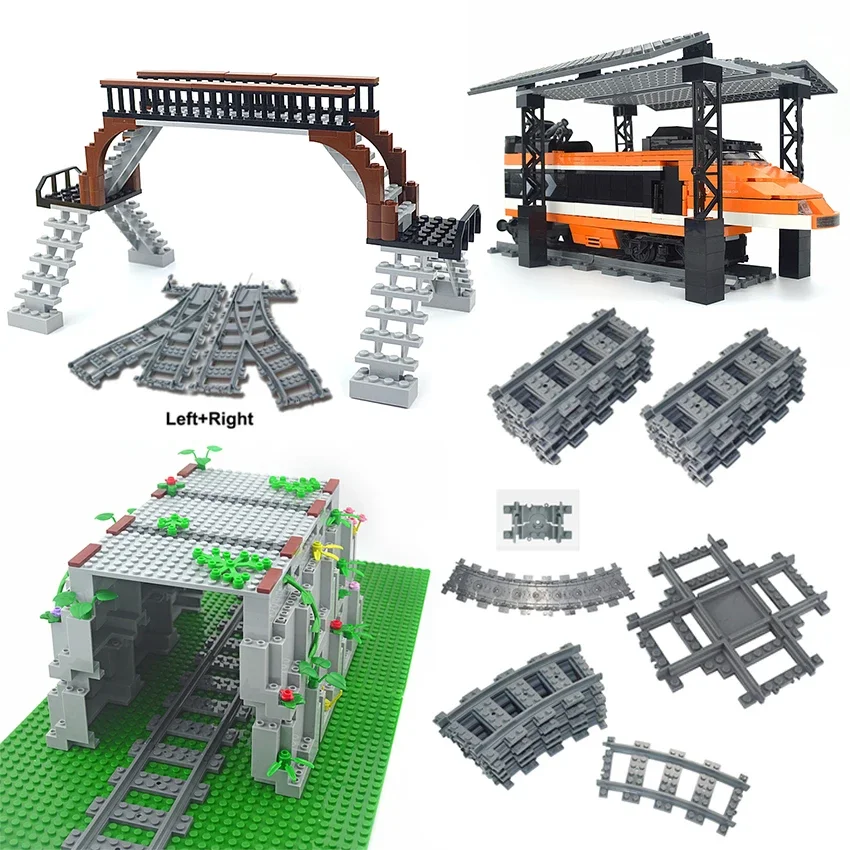 City Trains straight  Track Rail Bricks Model Uphill Tracks soft Flexible Switch curved Railway  Building Blocks kids Toys