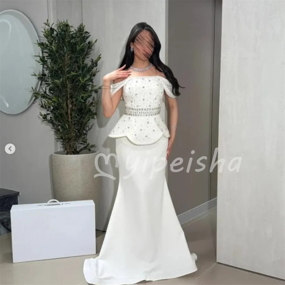 Luxurious Sparkle White Jersey Crystal Beading Floor-Length Mermaid Off-the-shoulder Evening Dresses Party Gowns Customized