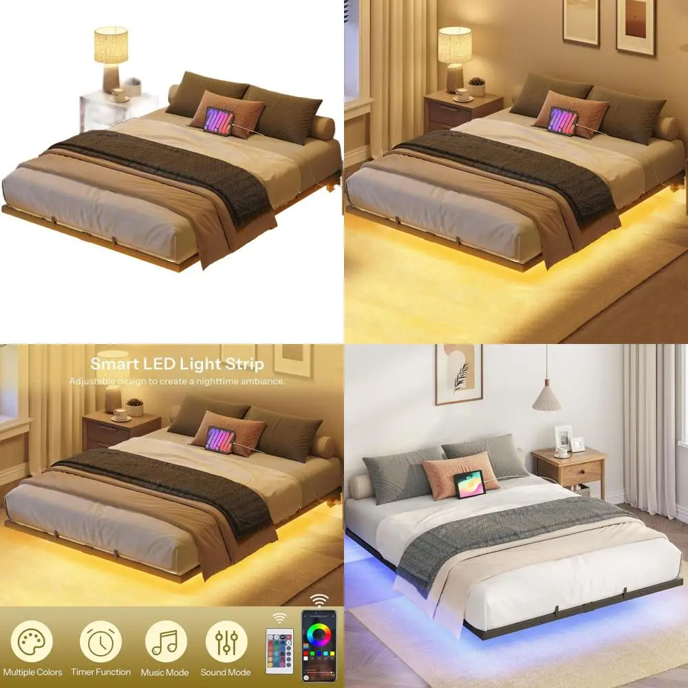 Industrial Metal Full Size Bed Frame with Charging Station, LED Lights, and Soundless Design in Black