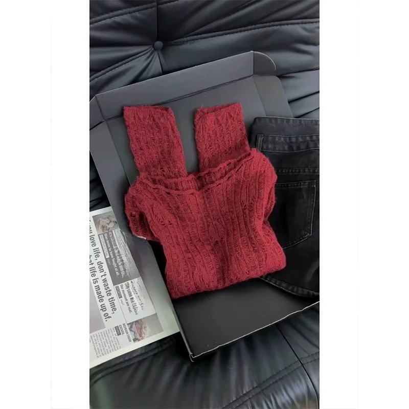 

Unique Elegant Red Knitwear Sweater Stylish Commute Style Slim Fit Long Sleeve Pure Color Autumn Fashion for Women