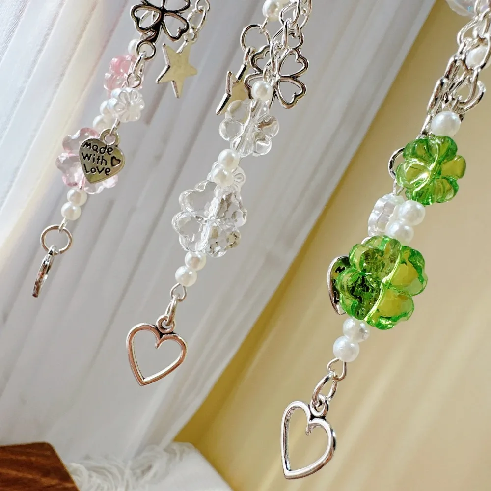 Y2K Purple Clover Jellyfish Key Chain Wind Chimes Star Heart Beaded Keyring for Phone Camera Earphone Case Charm Pendant Keycord