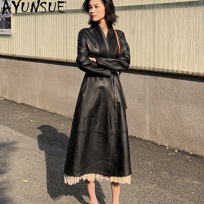 

AYUNSUE Real Leather Jacket Women Mid-length Natural Sheepskin Womens Coats Autumn Clothes Loose Fit Lace-up Jaqueta De Couro