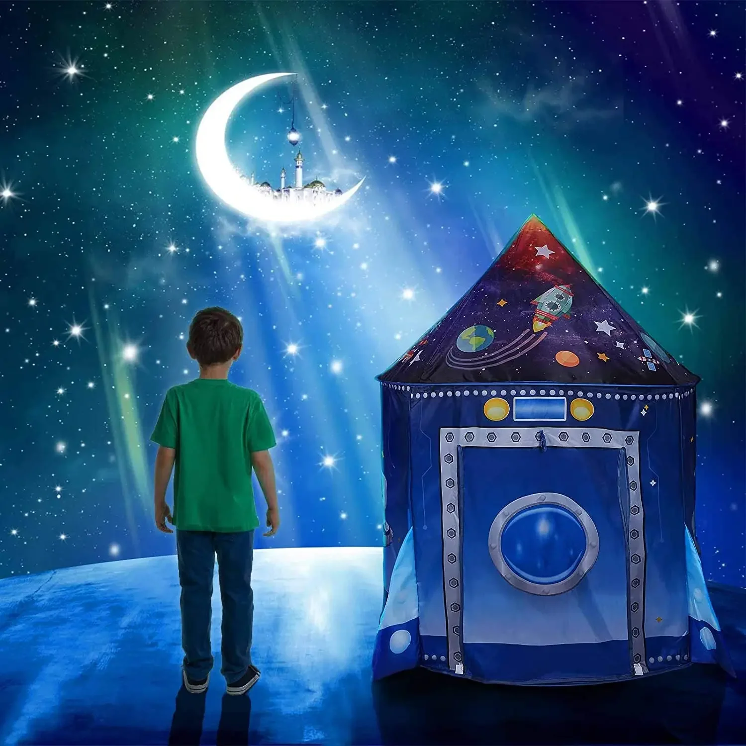 Rocket Ship Kids Tent Pop Up Play Toy Tent for Children Large Space Indoor Pretend Playhouse Outdoor Play Tent for Boys  Girl ﻿