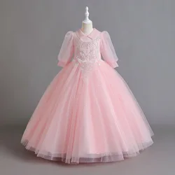 Children's Dress Long Sleeve Girls lace Embroidered Flower Prom Gowns Christmas Party Bridesmaid Ceremony Holiday Kids Clothing