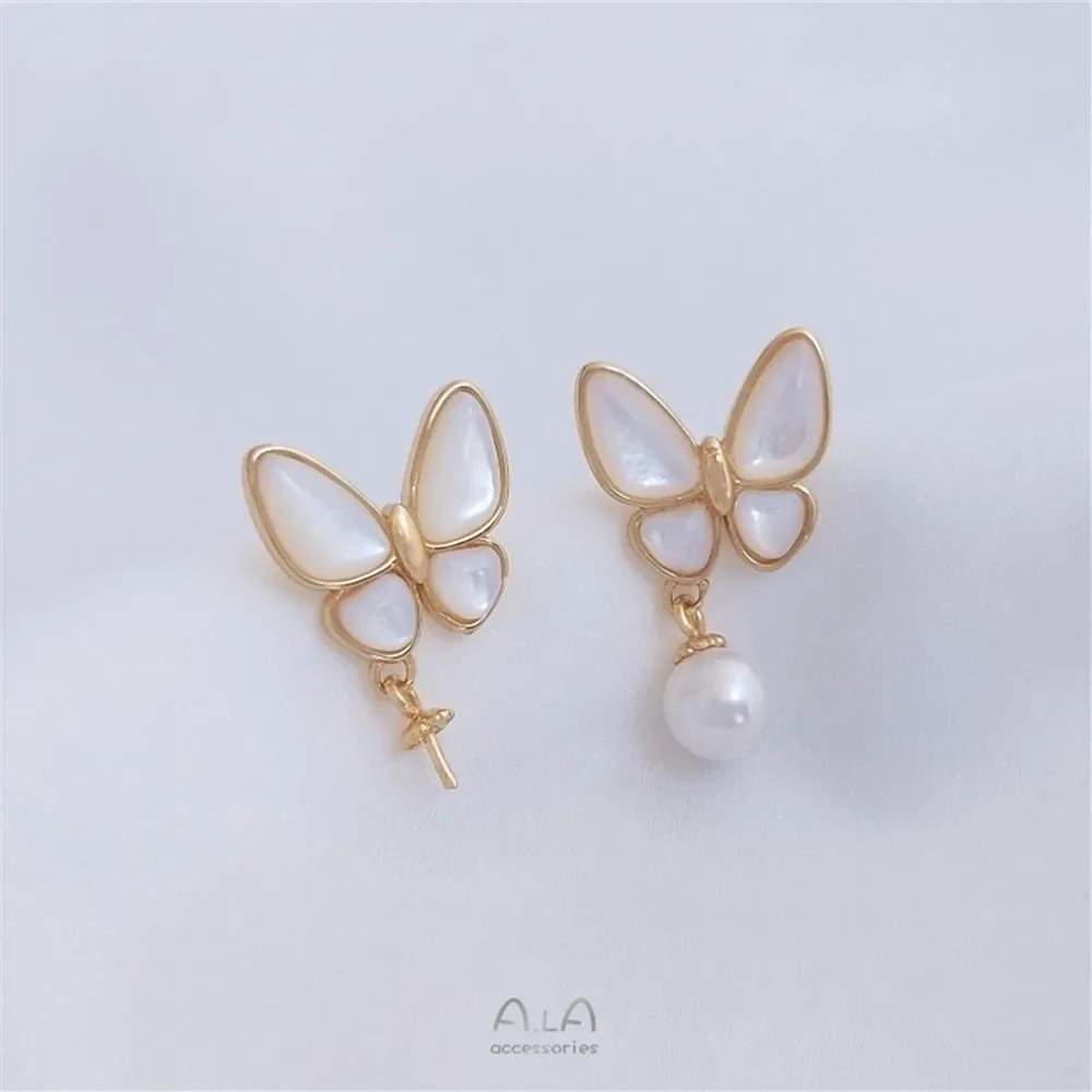 Natural sea color shell butterfly earring, sheep eye, pearl holder, 925 silver needle earring, 14K gold color DIY earring