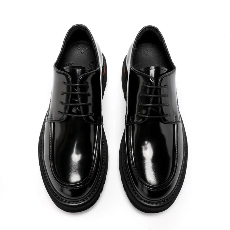 Genuine Full Cowhide Men's Formal Derby Shoes  Bright Leather Thick Sole Height Increasing Lace Up Round Toe Leather Shoes