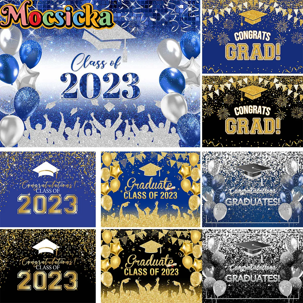 Class of 2023 Graduate Studio Photographic Backdrop Banner Firework Balloon Celebration Decoration Background Props Adult Photo