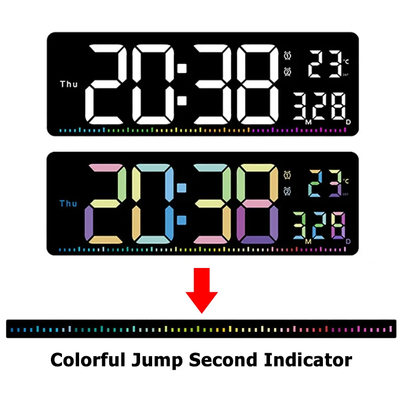 

Large Digital LED Wall Clock with Colorful Jump Second Indicator Temperature Date Week Display Brightness Adjustable Alarm Clock