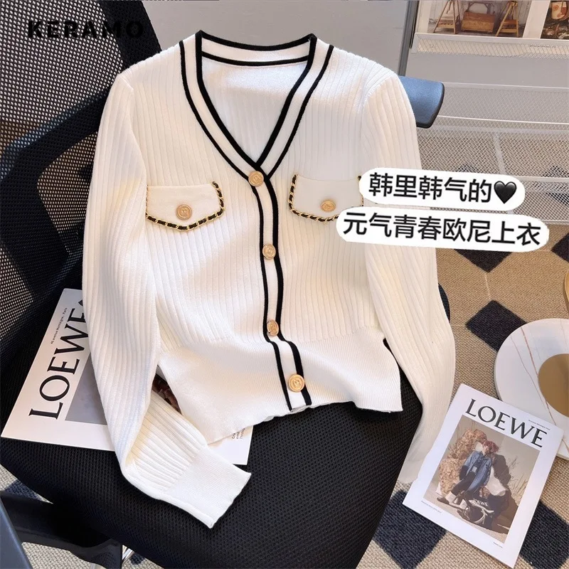 

Women Luxury Striped Knitting Long Sleeve V-Neck Cardigans 2023 Autumn Winter Korean Fashion Casual Single Breasted Warm Sweater