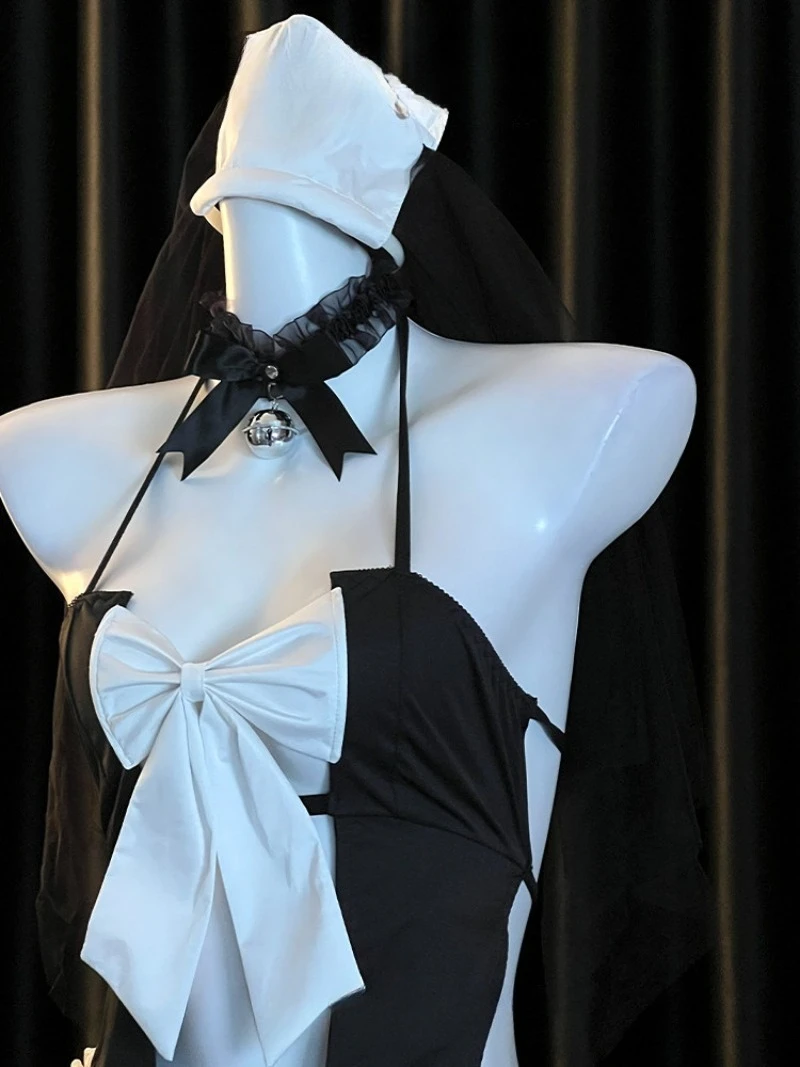 فستان راهبة تنكري مثير ساخن ، نمط موحد للممرضات الرغبة النقية ، زخرفة فيونكة مغرية ، زي لعب الأدوار الليلي ، مثير