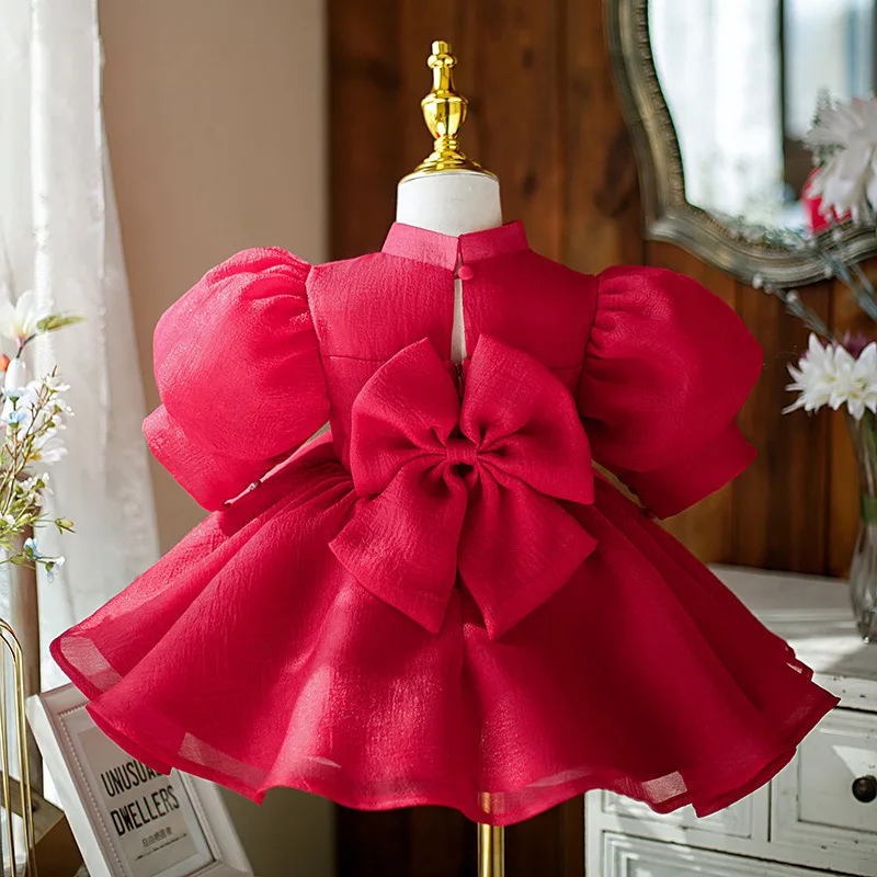 Vestido Rojo hecho a medida con manga de burbuja para niñas, ropa de actuación para el Día de los niños, ideal para fiesta de cumpleaños, 0 a 12 años, nuevo