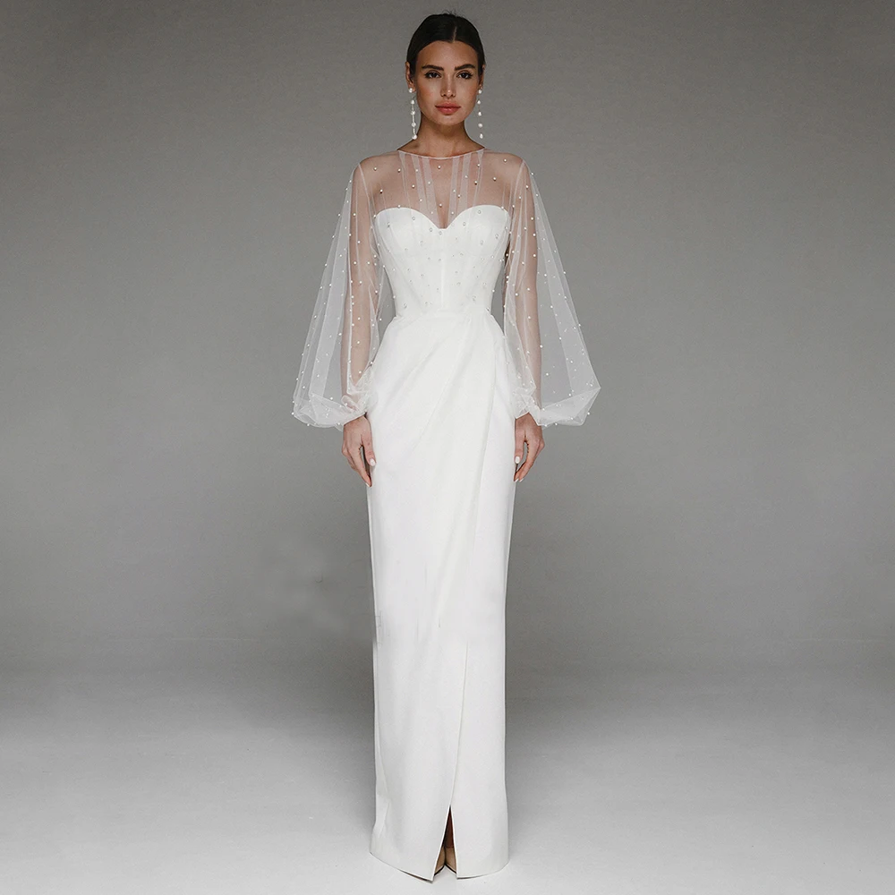 Elegante vestido De Novia De tul con perlas, cuello redondo, ilusión, linterna, manga larga, largo hasta el suelo, botones, Vestidos De Novia Civil