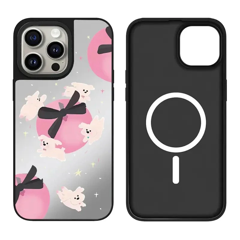 

Cute Dog Bowknot iPhone 11 12 13 14 15 16 Pro Max Mirror Surface MagSafe Case Cover Shell