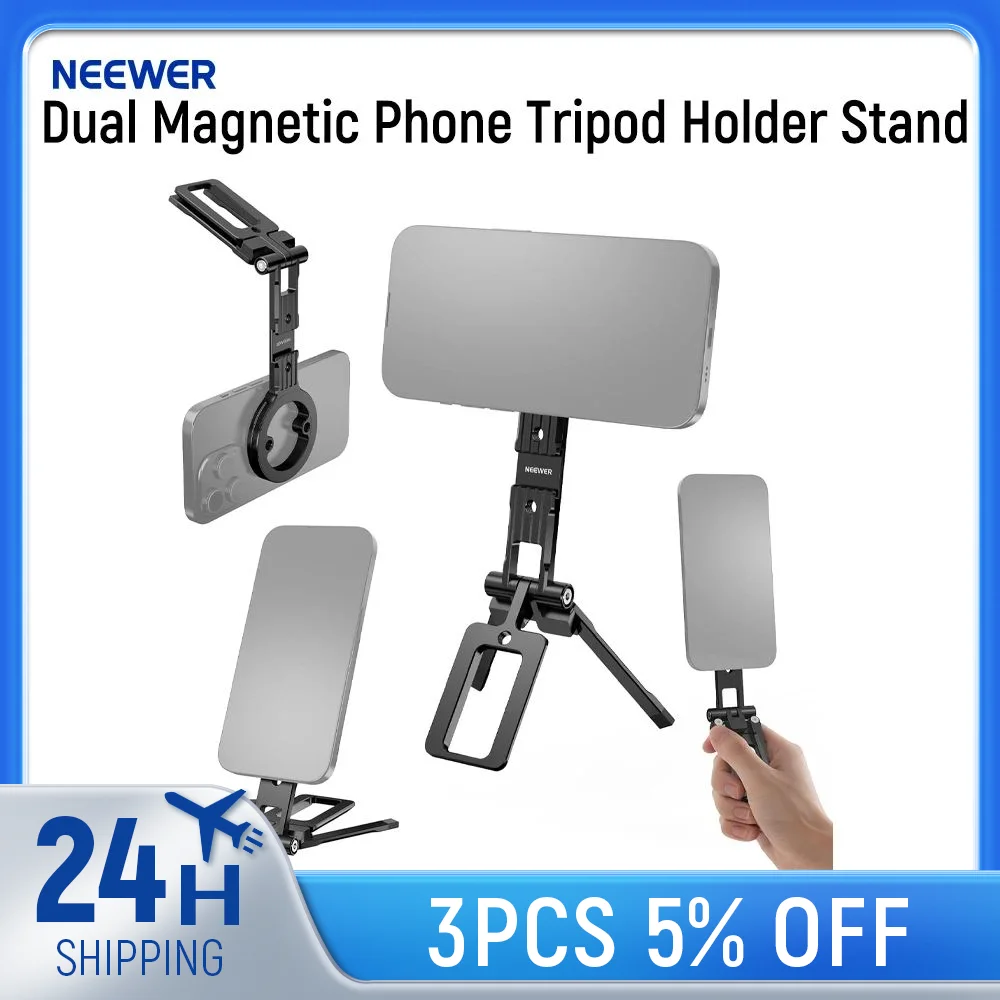 NEEWER Dual Magnetic Phone Tripod Holder Stand, Metal Cell Phone Mount Grip For MagSafe iPhone Samsung Huawei Android