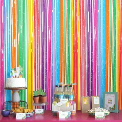1X2.5m Colorful Foil Fringe Curtain Backdrop for Mexican Fiesta Party Photo Booth Background Rainbow Birthday Theme Party Decor